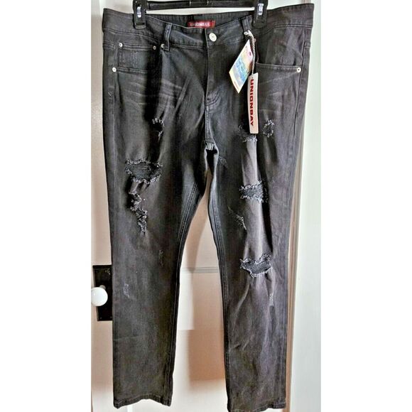 NWT UNIONBAY‎ Mid Rise Vintage Peg black denim distressed pants woman Sz 15 - Picture 1 of 9